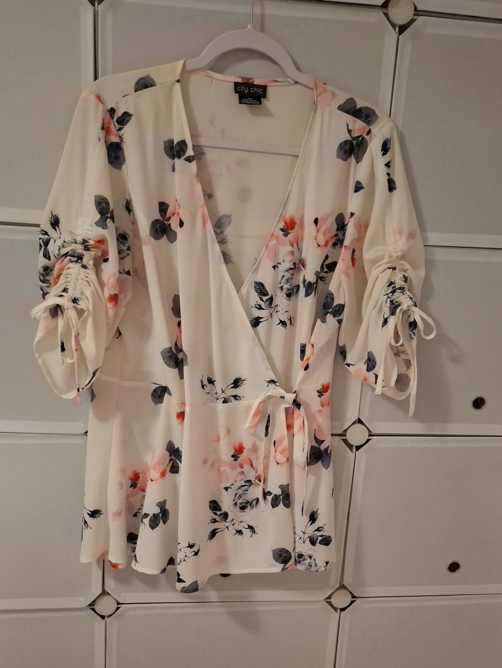 City Chic Cream Floral Wrap Top with Pink & Gray Blossoms